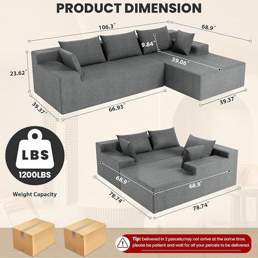 LEVELEVE 107" Cloud Sectional Couch with Deep Seat,Modern Modular Sofa with L-Shape Chaise,No Assembly Required, Upholstered Couches for Living Room Bedroom(Light Gery,Right Facing Chaise)