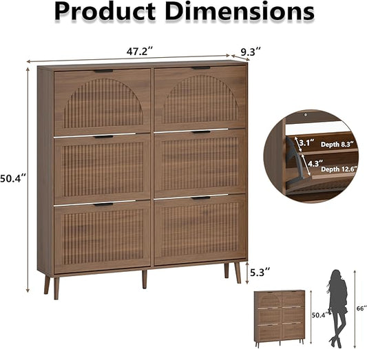 Shoe Cabinet for Entryway with 6 Flip Drawers, Slim Wooden Shoe Storage Organizer with Modern Fluted Pannel,Freestanding Narrow Hidden Shoe Rack for Hallway, Foyer, Living Room