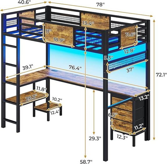 ADORNEVE Loft Bed Twin Size with L-Shaped Desk, LED Lights,Charging Station, Twin Metal Loft Bed Frame with Fabric Drawers & Shelve, 13.4" H Safety Guardrail, No Box Spring Needed, Rustic Brown
