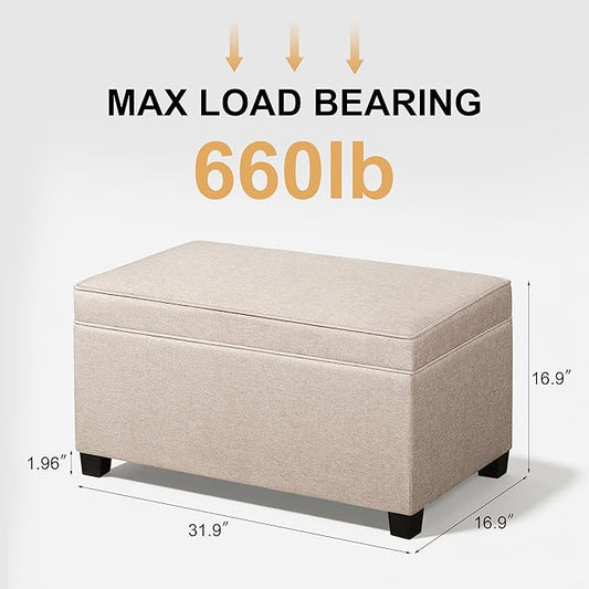 Adeco 31 Inches Storage Ottoman Bench, Non-Folding End of Bed Foot Rest Stools Ottoman with Thicker Foam Padded Seat, Upholstered Storage Chest for Living Room, Entryway, Bedroom