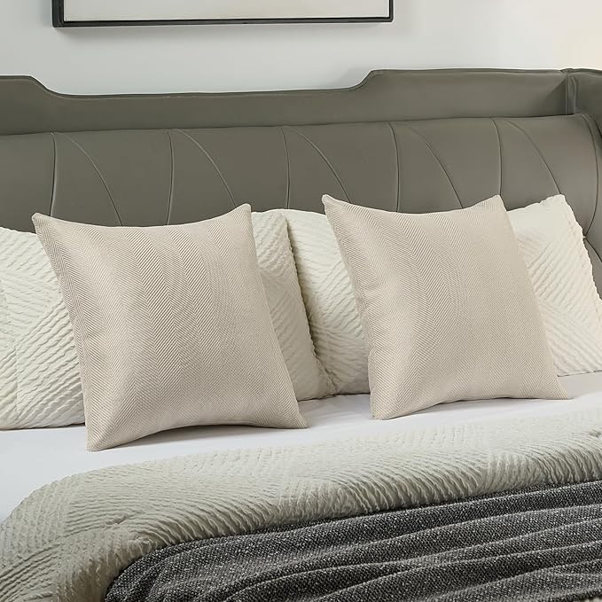 FUTEI Beige Chenille Throw Pillow Covers 18x18 Inch Set of 2,Soft Wide Chevron Textured Cushion Case,Farmhouse Home Decor for Couch Bed Living Room