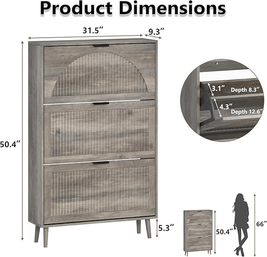 Shoe Cabinet for Entryway with 3 Flip Drawers, Slim Wooden Shoe Storage Organizer with Modern Fluted Pannel,Freestanding Narrow Hidden Shoe Rack for Hallway, Foyer, Living Room