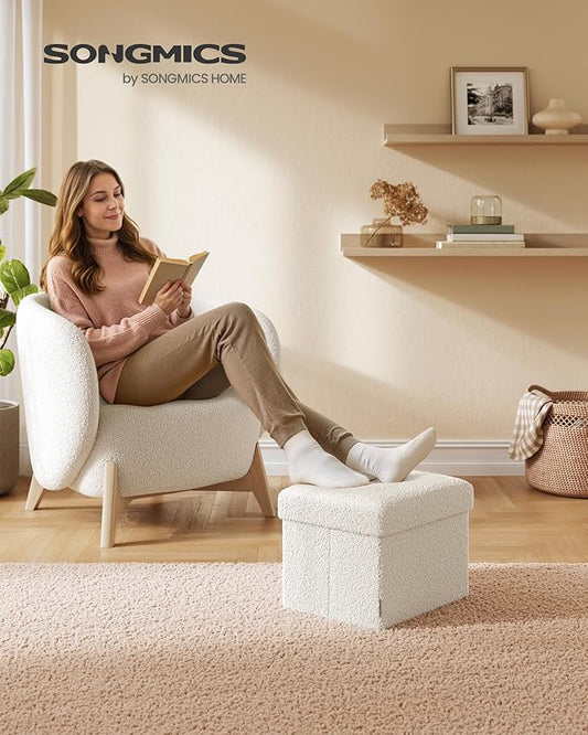 SONGMICS Small Folding Storage Ottoman, Foot Rest Stool, 12.2 x 16.1 x 12.2 Inches, Ottoman with Storage, Load up to 286 lb, for Living Room, Bedroom, Dorm, Cream White ULSF094W01