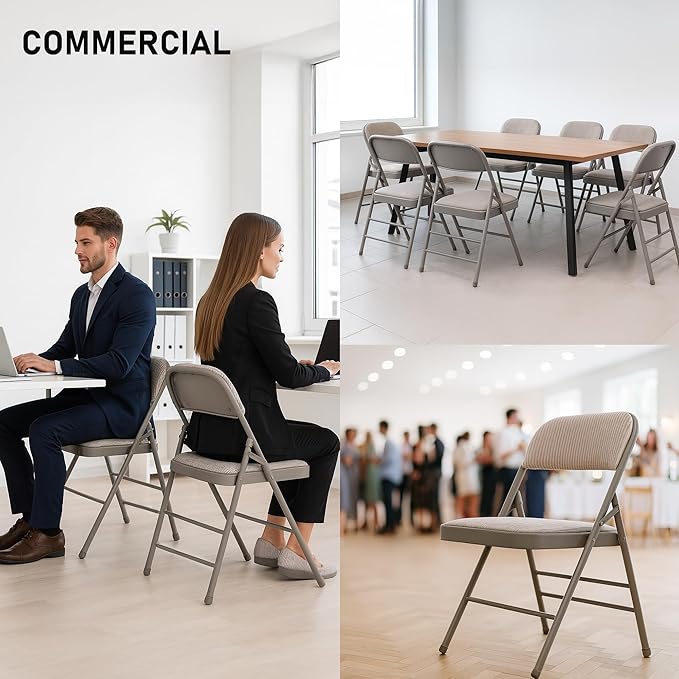 SEALAMB 6 Pack Fabric Folding Chairs with Padded Seats & Cushion, Metal Foldable Chairs for Wedding Party, Commercial Chairs for Office School Church Events, 350lb Capacity (Gray-Fabric, 6 Pack)