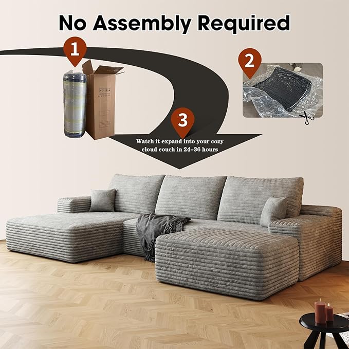 107.5" Compressed Boneless Couch with Ottoman, 2 Seater Large U Shaped Sectional Couches for Living Room, Grey Corduroy Cloud Modular Sectional Sofa, Memory Foam, No Assembly,Light Facing Chaise