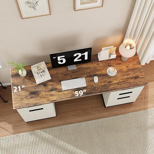 GAOMON Farmhouse Executive Desk, 59 Inch Computer Desk, White Home Office Desks with File Drawer and Storage Cabinet, Wood Writing Desks for Bedroom, Home Office, White+Vintage