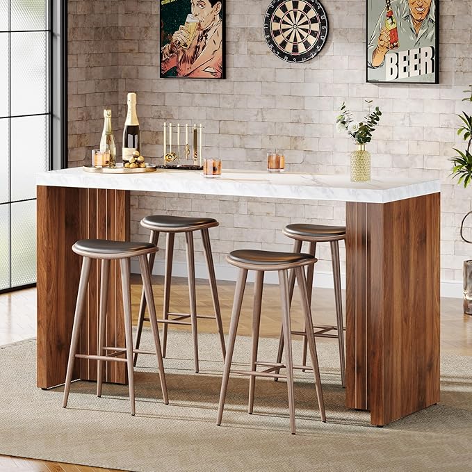 Tribesigns Home Bar Unit, 55.12-Inch Bar Table with a Faux Marble Finished Tabletop, Modern Freestanding Mini Bar for Home Kitchen, Living Room, Balcony, Basement, Walnut & White (Set of 2)