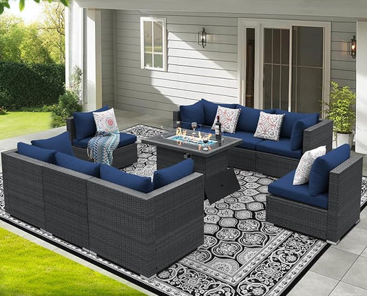 NICESOUL 7 Piece Large Outdoor Patio Furniture Set with Fire Pit Table Gas/Propane, 29.3'' High Back Rattan Modular Sectional Sofa, Extra Wide Conversations for Backyard, 2 Color Cushion Navy & Gray