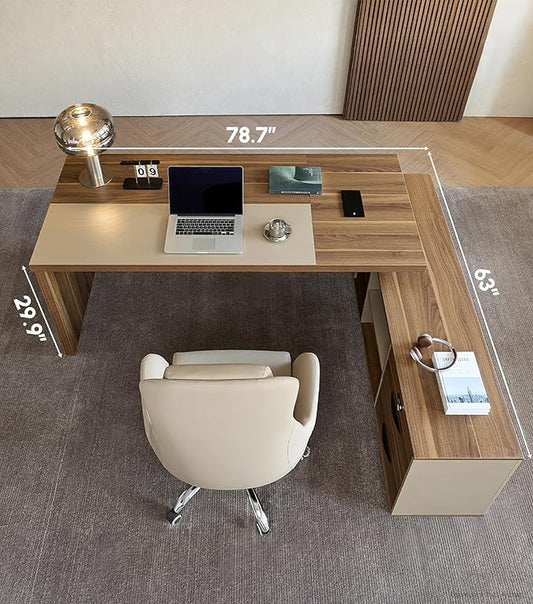 L-Shaped Executive Desk with Lockable Drawers – 79" Modern Large Executive Office Desk with LED, Lateral File Cabinet, Built-In Cable Box, Privacy Panel & Storage Shelves for Home or Business, Right