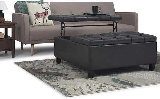 SIMPLIHOME Harrison Coffee Table Storage Ottoman - 36 inch Wide Upholstered Vegan Leather Square Lift-Top Ottoman in Distressed Black, Transitional Ottoman for Living Room with Hidden Storage