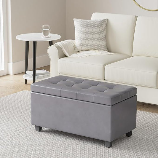 SIMPLIHOME Cosmopolitan Storage Ottoman - 34 inch Wide Upholstered Vegan Leather Rectangle Storage Ottoman Bench in Stone Grey, Transitional Tufted Ottoman for Living Room or Entryway with Lift-Up Lid