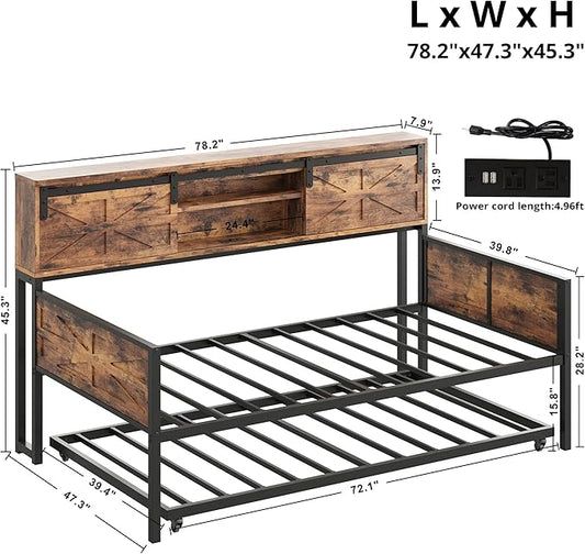 LIKIMIO Daybed with Trundle Bed, Sofa Bed Twin with Charging Station, with Storage Headboard & Strong Support, for Living Room, Bedroom and Guest Room, Industrial Brown
