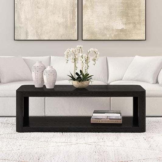 Henn&Hart 47" Rectangular Low-Profile Coffee Table with Open Storage Shelf for Living Room, Family Room, or Office, Black Grain