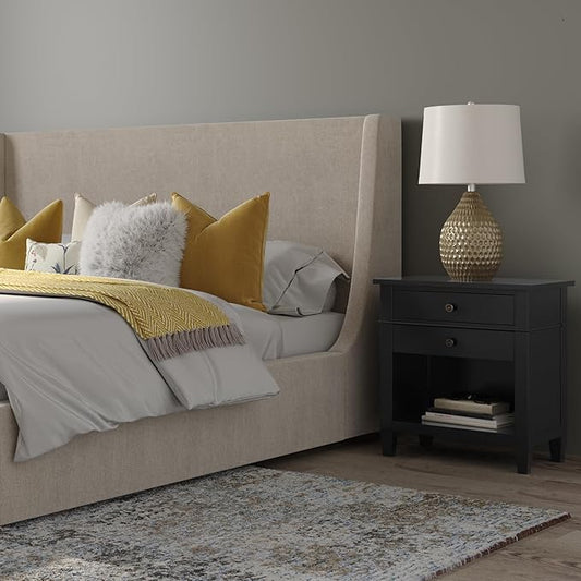 SIMPLIHOME Carlton SOLID WOOD 24 Inch Wide Contemporary Bedside Nightstand Table in Black, For the Living Room and Bedroom