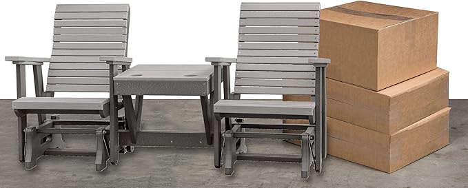 DutchCrafters Modern Horizontal Slat High Back Poly Double Glider Chairs with Center Table Outdoor Patio Furniture (Black & Blue)