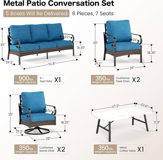 6 Piece Metal Outdoor Patio Furniture Set - 1 3-Seater Sofa, 2 Fixed & 2 Swivel Sofas with 5.75" Thick Cushion & Coffee Table - Black & Blue