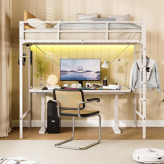 Loft Bed Twin,Loft Bed with Built-in Power Outlet LED Lights,Clothing Hanger Space Saving,Storage Pouch,Heavy Duty Metal Safety Guard Rail for Kids Teens Adults,No Box Spring Needed,White