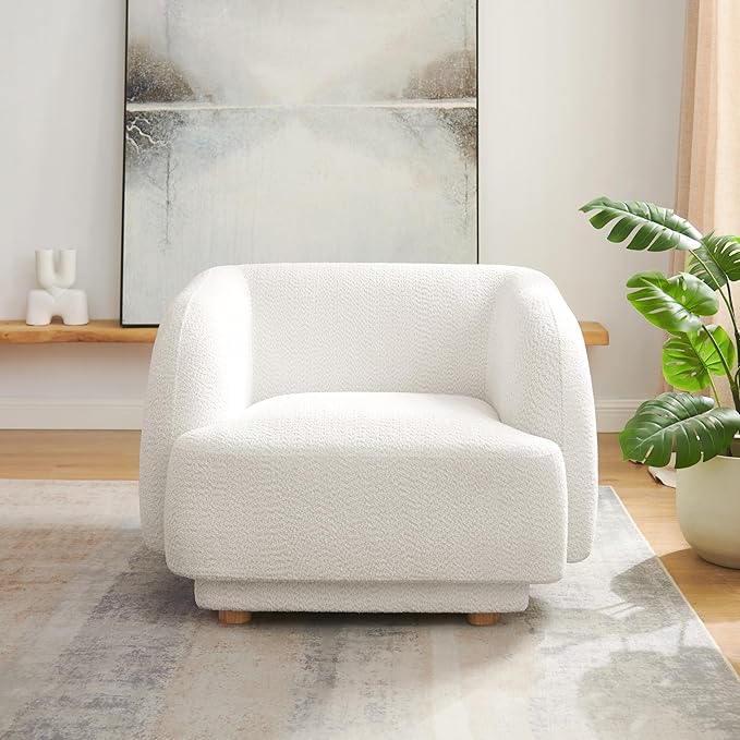 VANOMi Oversized Living Room Chair, Modern Comfy Accent Barrel Chairs, Single Sofa Chair with Wood Legs, Upholstered Armchair for Bedroom, Office, Waiting Room (White)