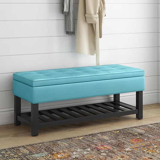SIMPLIHOME Cosmopolitan 44 inch Wide Transitional Rectangle Storage Ottoman Bench with Open Bottom in Soft Blue Vegan Faux Leather, Assembled for the Living Room and Bedroom