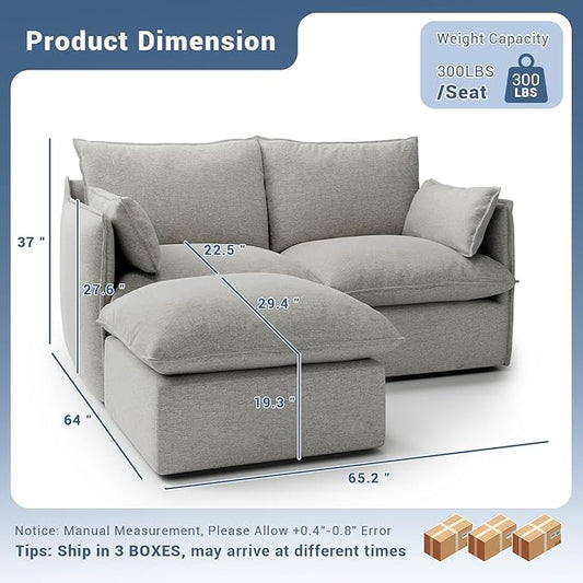 Cloud Modular Sectional Sofa, Waterproof Down Filled Sectional Sofa, High Backrest Loveseat Couch with Ottoman, Modern Modular Couch with Removable Cover, Light Gray