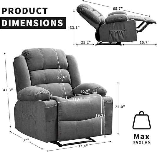 Large Recliner Chair for Adults Overstuffed Fabric Manual Pull Tab Recliner with Cup Holders, Side Pocket, 3-Position Recline, Minimalist Style Single Sofa Chair for Living Room Bedroom, Gray