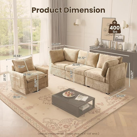 98" Modular Sectional Sofa Set with Swivel Chair, Modern Cloud Couch Plush Corduroy 3 Seater Deep Seat Sofas with Accent Armchair for Living Room Small Space, Beige