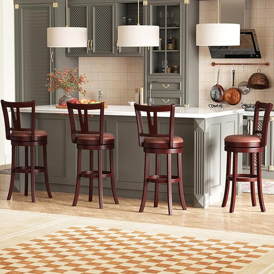 COSTWAY Barstools Set of 4, 30” Faux Leather Upholstered Bar Stools with High Backs and Footrests, Armless Kitchen Island Dining Chairs with Solid Wood Legs, Cappuccino (4, 30'' Seat Height)
