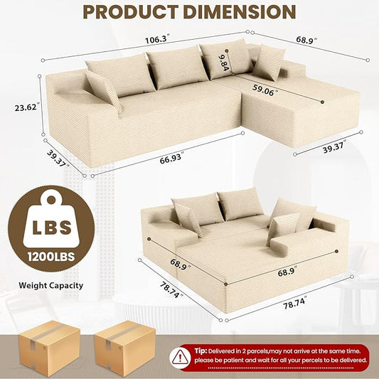 LEVELEVE 107" Cloud Sectional Couch with Deep Seat,Modern Modular Sofa with L-Shape Chaise,No Assembly Required, Upholstered Couches for Living Room Bedroom(Beige,Right Facing Chaise)