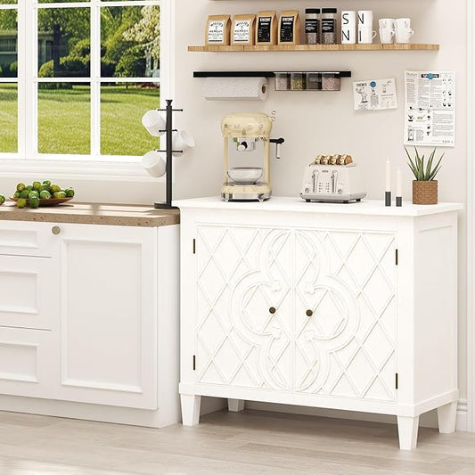 40" Coffee Bar Cabinet with Shelf, Craft Storage Cabinet with Doors, Wood Cabinet, Charming Carved Motif, Entry Way Cabinet with Storage, Sideboard Buffet for Living Room, Kitchen, Distressed White