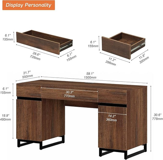 WAMPAT 59" Modern Executive Desk with Drawers, Home Office Computer Desk with Charging Station, File Drawer, Storage Cabinet, Wood Writing Desk for Work and Study, Dark Brown