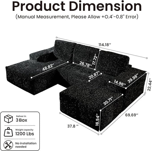 114" Glitter Cloud Sectional Couch with L-Shape Chaise & Ottoman, Modern Boneless Couches for Living Room, Fluffy Tufted Deep Seat Modular Sofa No Assembly (Black Sparkly Velvet,Left Facing)