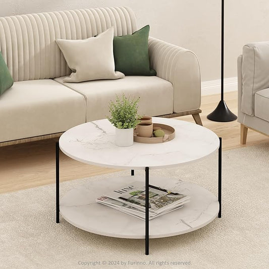 Furinno BESI Coffee Table, 2-Tier Round Modern Coffee Table with Metal Legs, Metal Frame Side Table with Open Shelf, for Living Room, Bedroom, Home Office, Marble White
