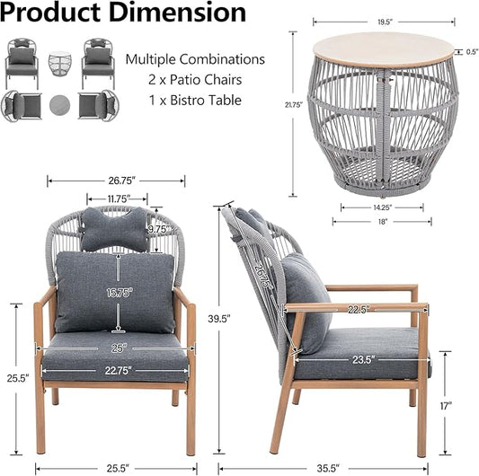 Modern Living Room Chairs, Accent Chairs Set of 2 with Coffee Table, Comfy Arm Chair with Cushions/Headrest, Reading Lounge Chair, Rattan Recliner Seating, Braid Armchair for Bedroom, Grey