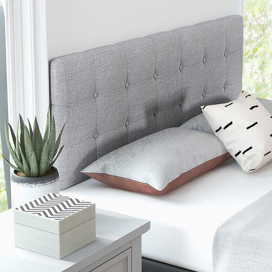 KOMFOTT Linen Upholstered Headboard for Full & Queen Size Bed Frame, Modern Tufted Button Bed Headboard with Solid Rubber Wood Legs, Rectangular Headboard with Adjustable Width, Gray