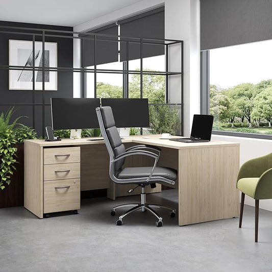 Bush Business Furniture 60W x 30D L Shaped Desk with Mobile File Cabinet, Corner Table and Drawers for Home or Professional Office, Studio C Collection, Natural Elm