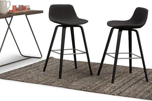 SIMPLIHOME Randolph Counter Stools (Set of 2) - 28 Inch Seat Height Upholstered Bentwood Kitchen Seats in Charcoal Grey Black Linen Look Fabric, Mid Century Seating with Curved Backrest and Footrest