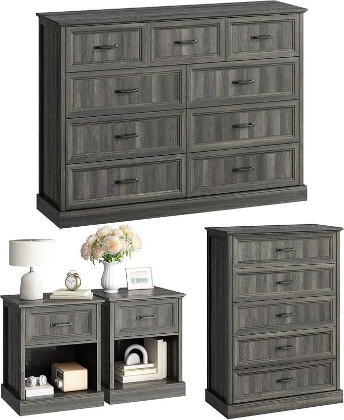 CARPETNAL Farmhouse Dresser and Nightstand Sets for Bedroom, 4 Pcs Bedroom Set, 5 Drawer & 9 Drawer Dresser and Nightstand Set of 2, Wood Chest of Drawers for Living Room, Entryway, Grey