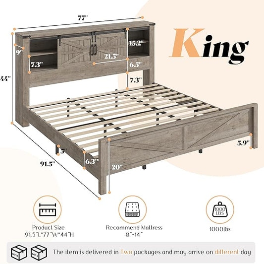 AMERLIFE Farmhouse King Bed Frame, Rustic Wood Platform Bed w/Barn Door Storage Bookcase Headboard & Charging Station, Bedroom Furniture, No Box Spring Needed, Light Grey