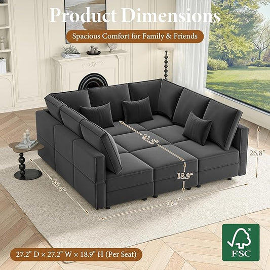 Vesgantti Modular Sofa Bed with Storage, 92" Sleeper Sofas with 9 Seats Storage Chaises Removeble Cover, Luxury Large Velvet Sectional Couch Set for Living Room, Apartment, Home Theatre, Gray