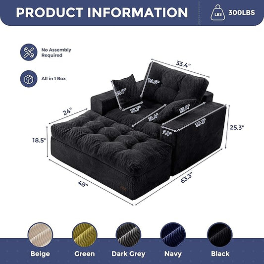 MAXYOYO Modular Sectional Chaise Lounge Sofa, Upholstered Lounge Chair with Ottoman, Comfy Couch with Layered Cushion, Tufted Upholstered Sleeper Chair for Living Room, No Assembly, Black