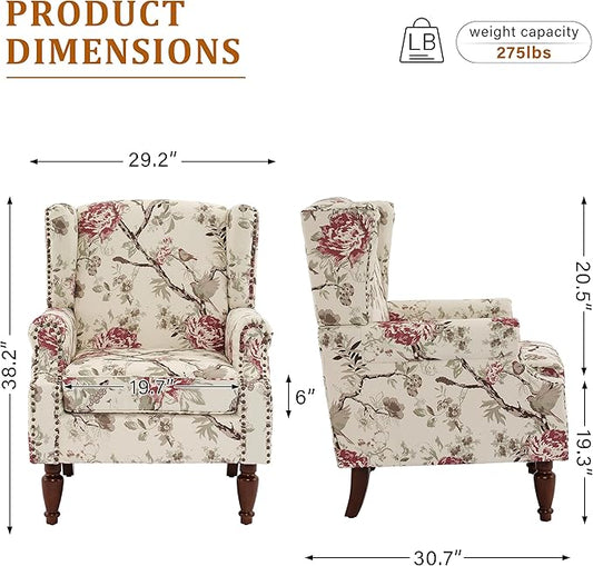 Floral Wingback Accent Chair, High Back Upholstered Armchair, Comfy Fabric Wingback Arms Chairs with Solid Wood Legs, Single Sofa Reading Chair for Bedroom Living Room, Beige