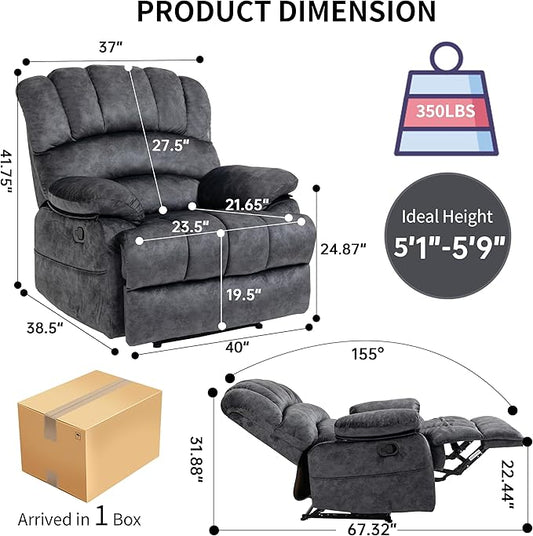 Manual Recliner Chair for Living Room, Single Sofa Recliners for Adults 350LBS, Heavy Duty Reclining Max 155 Degrees, Fabric Dark Gray