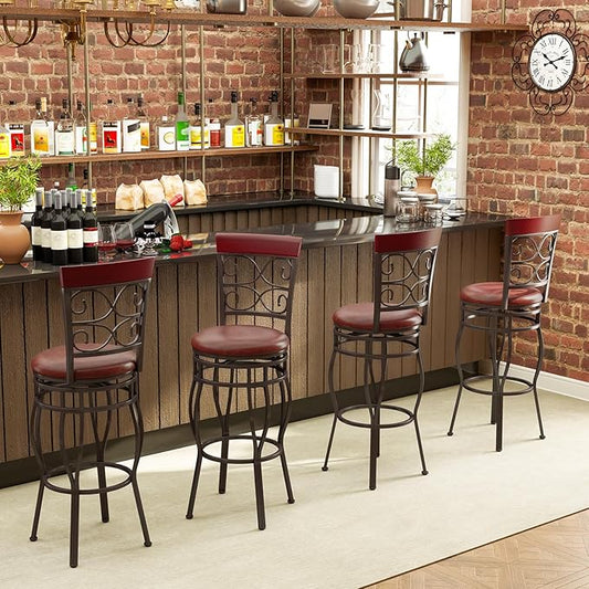 Giantex 30" Swivel Bar Stools Set of 4, Bar Height Bar Stools w/Back, Upholstered PU Leather Seat, Footrest, Max Load 330Lbs, Vintage Metal Barstools for Kitchen Island, Dining Room, Rustic Brown
