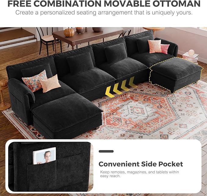 ELUCHANG Oversized 116" Modular Sectional Sofa, Comfy Cloud Couch, U Shaped Deep Seat Sofa Couches for Living Room, 5-Seater Modern Sofa with Movable Ottoman, DIY Combination - Chenille Black