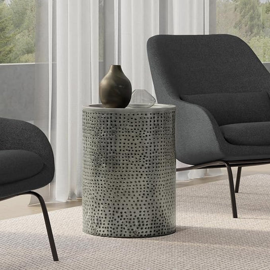 SIMPLIHOME Corbin 16 inch Wide Metal Side Table in Hammered Antique Silver, Round Drum Design End Table for Living Room, Family Room, or Entryway, Industrial Style, Assembled