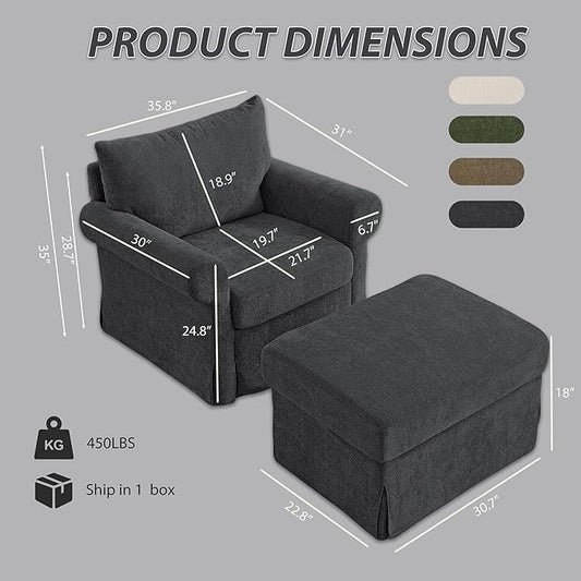Modern Accent Chairs with Ottoman, Comfy Chenille Reading Armchair with Rolled Arms and Cushion Backrest, 35.8" W Chaise Lounge Chair for Living Room, Bedroom, Study, Apartment, Dark Grey