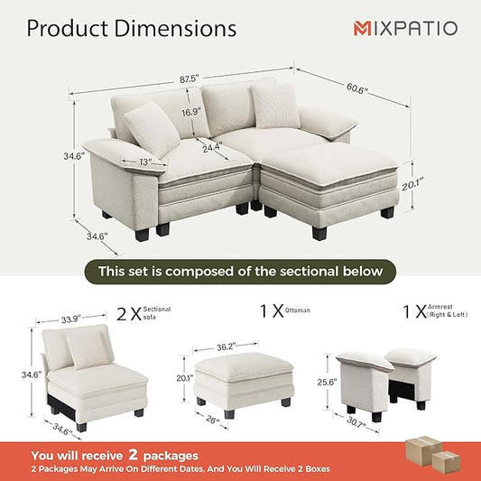 87-Inch L Shaped Sectional Sofa with Cloud Cushions, Deep Seat Modular Couch Set w/ 3 Seats & 1 Ottomans, Removable Arms, Plush Chenille Upholstery for Living Room, Apartment - Beige