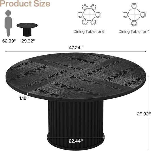 Tribesigns Round Dining Table for 4-6, 47-Inch Modern Circle Kitchen Table with Fluted Round Base, Farmhouse Wood Dinner Table for Dining Room, Kitchen, Living Room, Black