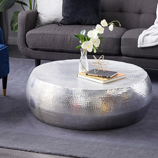 Deco 79 Aluminum Metal Living Room Coffee Table Drum Shaped Table with Hammered Design, Center Table 42" x 42" x 14", Silver