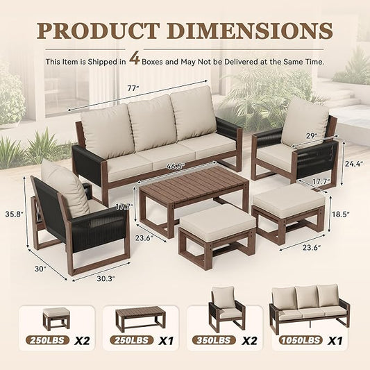 6 Piece Patio Furniture Set with 3-Seat Sofa, 2 Porch Armchairs, 2 Ottoman and 1 Coffee Table Wicker Outdoor Conversation Set for Garden, Terrace, Porch, Balconies, Lawns